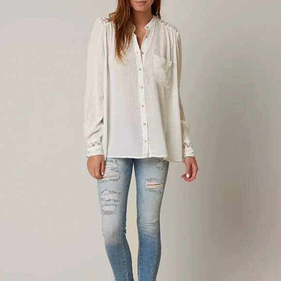 Free People White Button Up Blouse with See Through Lace Back, S - Picture 2 of 8